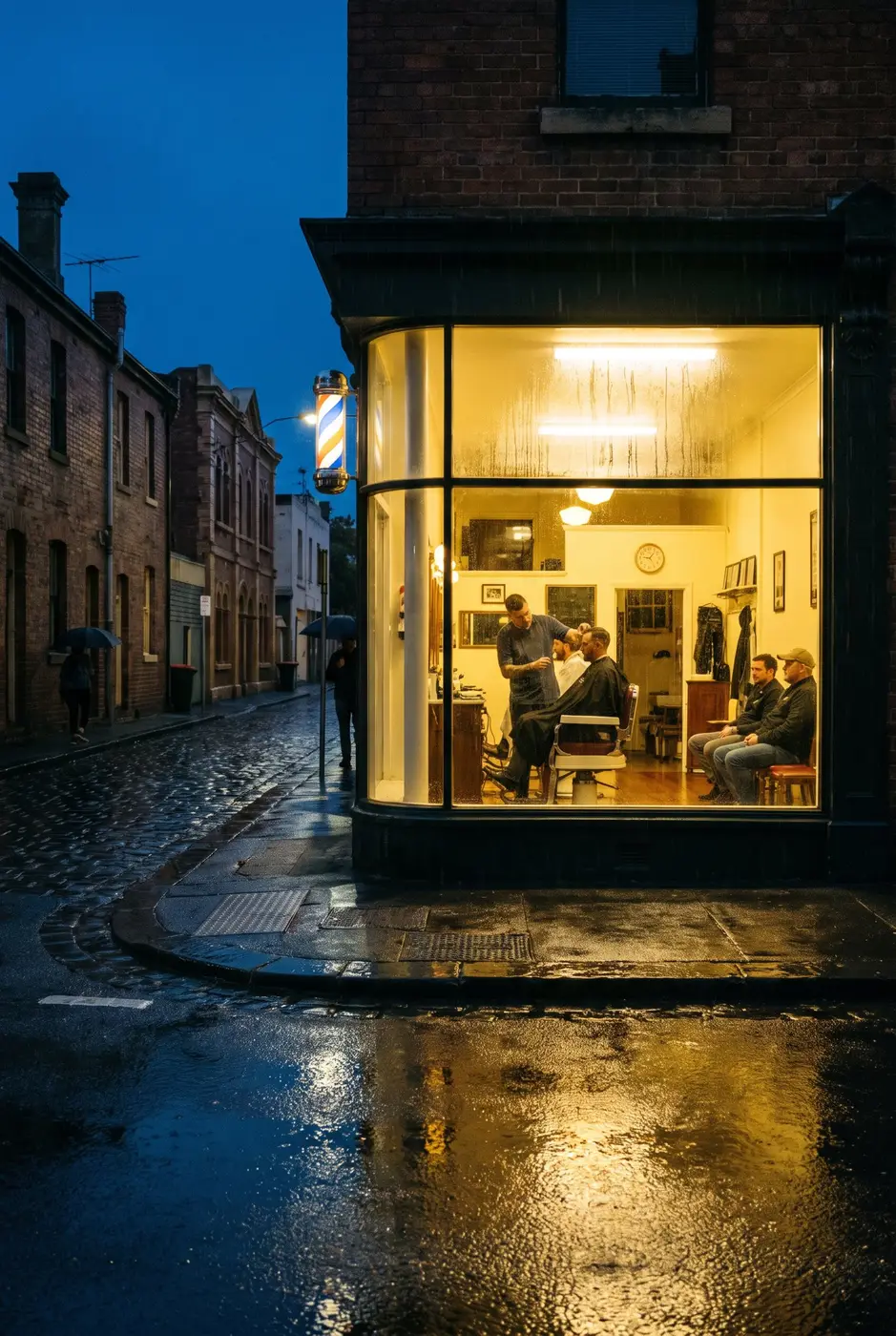A barbershop glowing on a rainy street at night