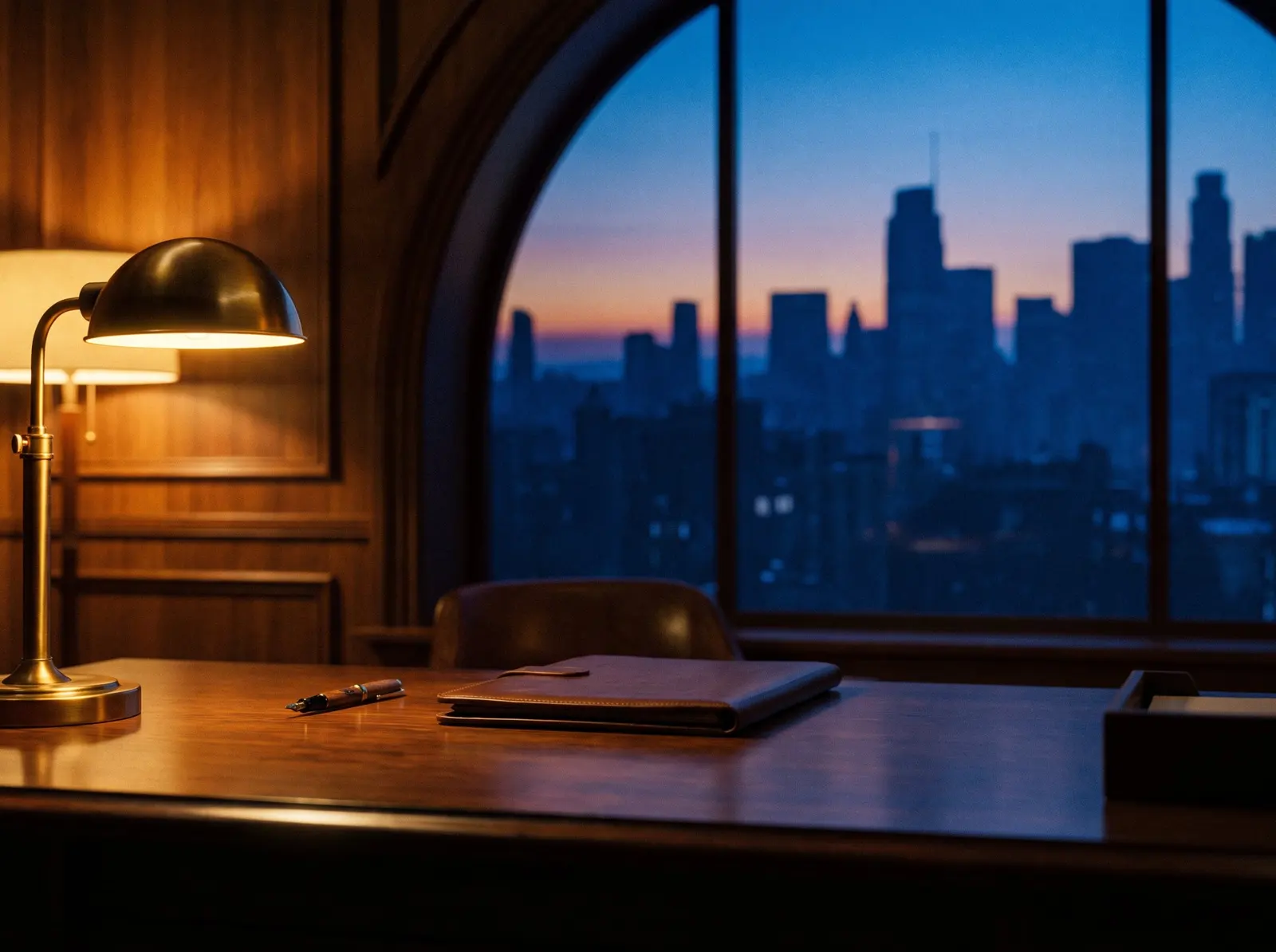 A law office at dusk overlooking the city (concept film still)