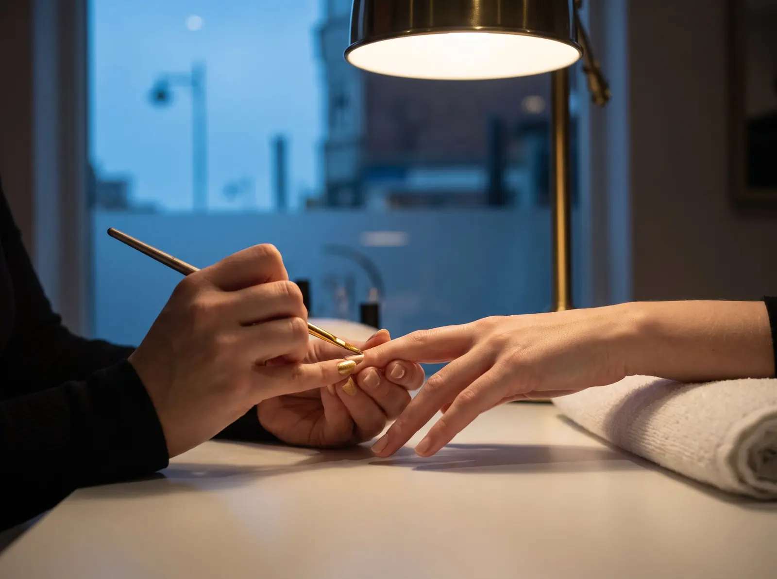A nail technician painting a gold nail under a warm lamp (concept)