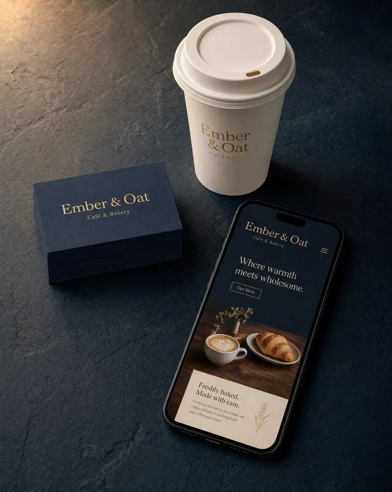 A cafe brand kit with cards, a cup and a phone