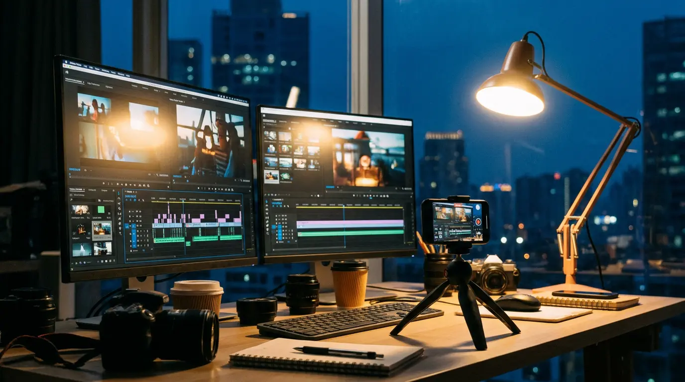 A studio desk with a design and edit timelines on screen