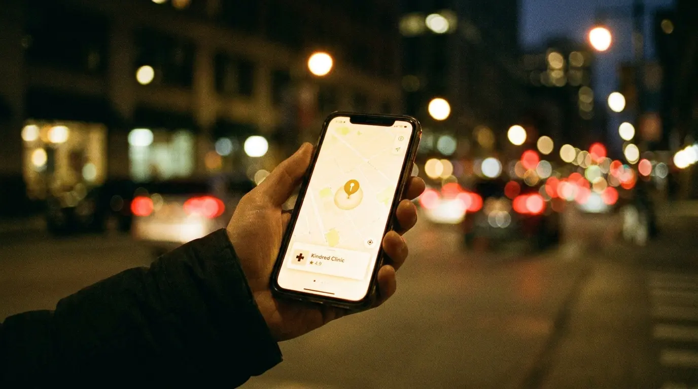 A phone showing a map pin and a local business listing