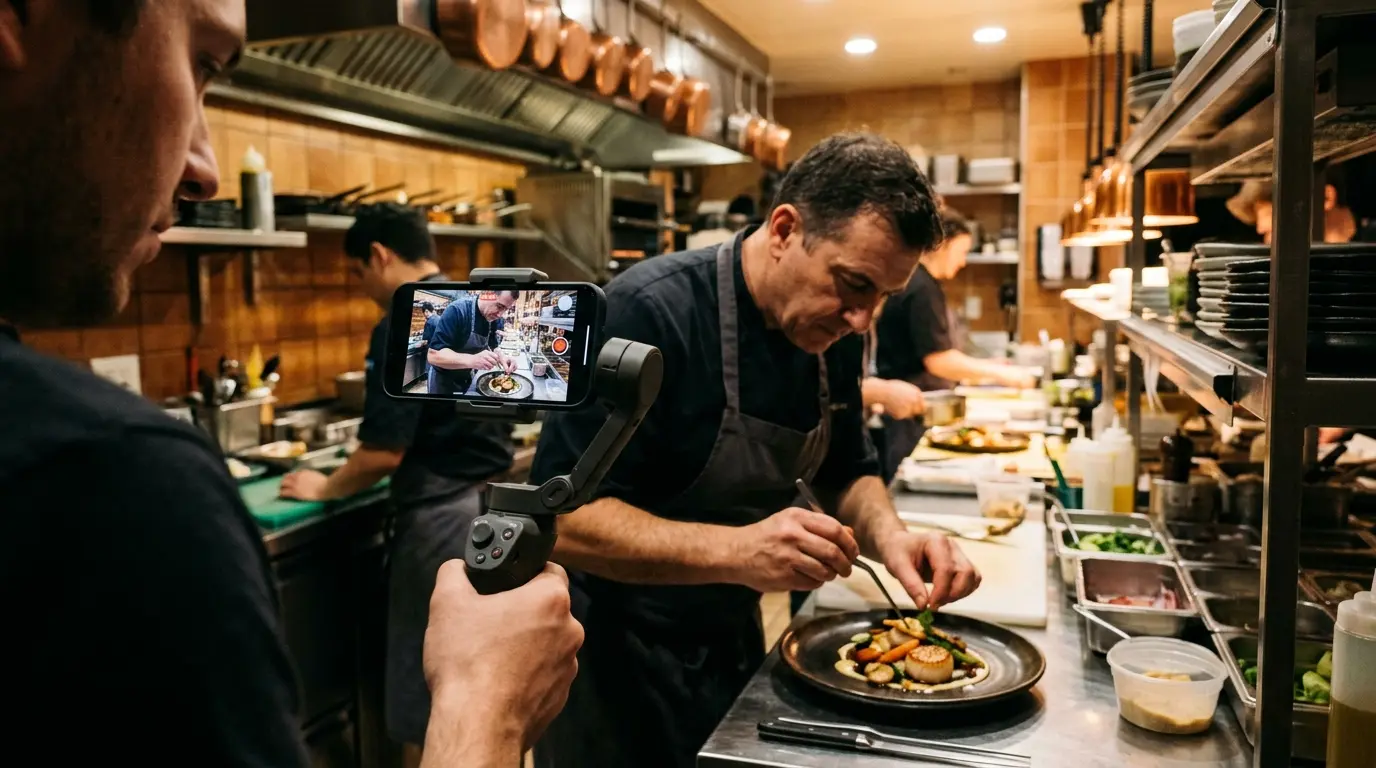 A phone on a gimbal filming a chef plating a dish