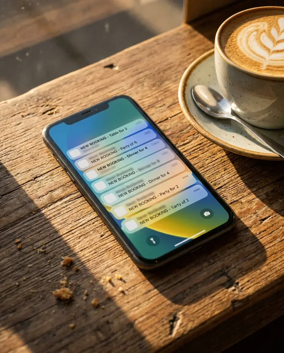 A phone on a cafe counter full of new booking notifications beside a coffee (concept)