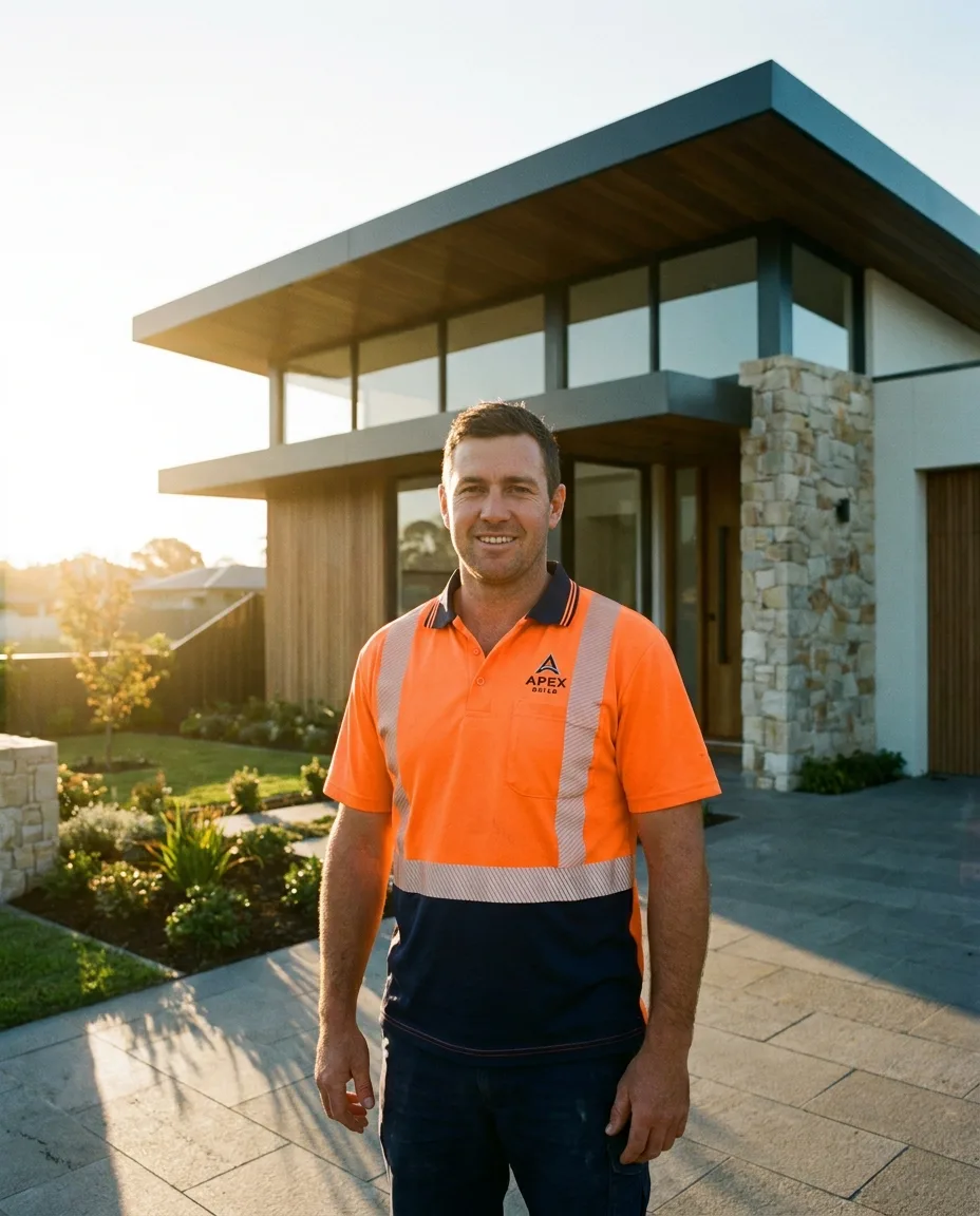 A builder in hi-vis outside a new modern home (concept)