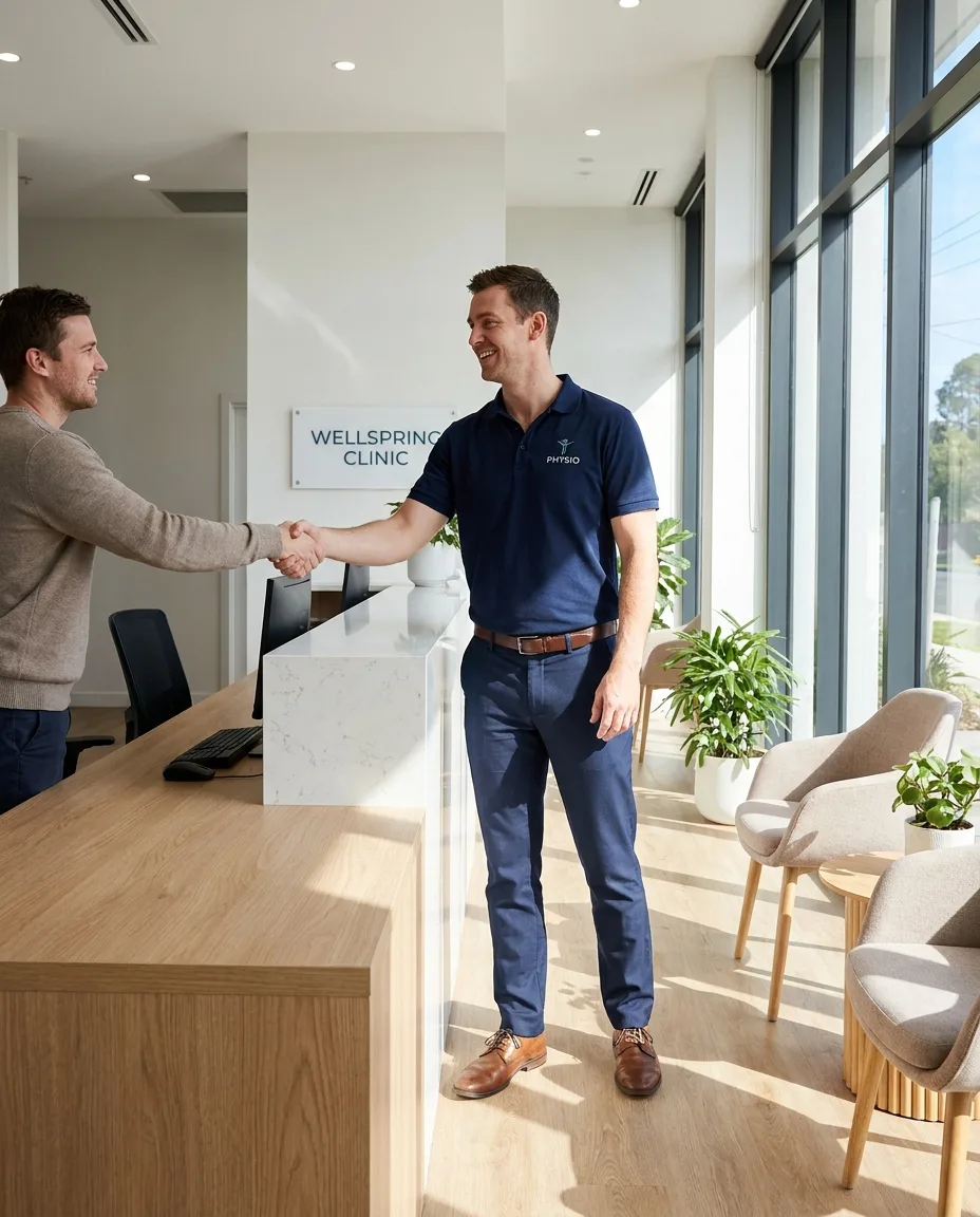 A clinic owner greeting a patient at reception (concept)