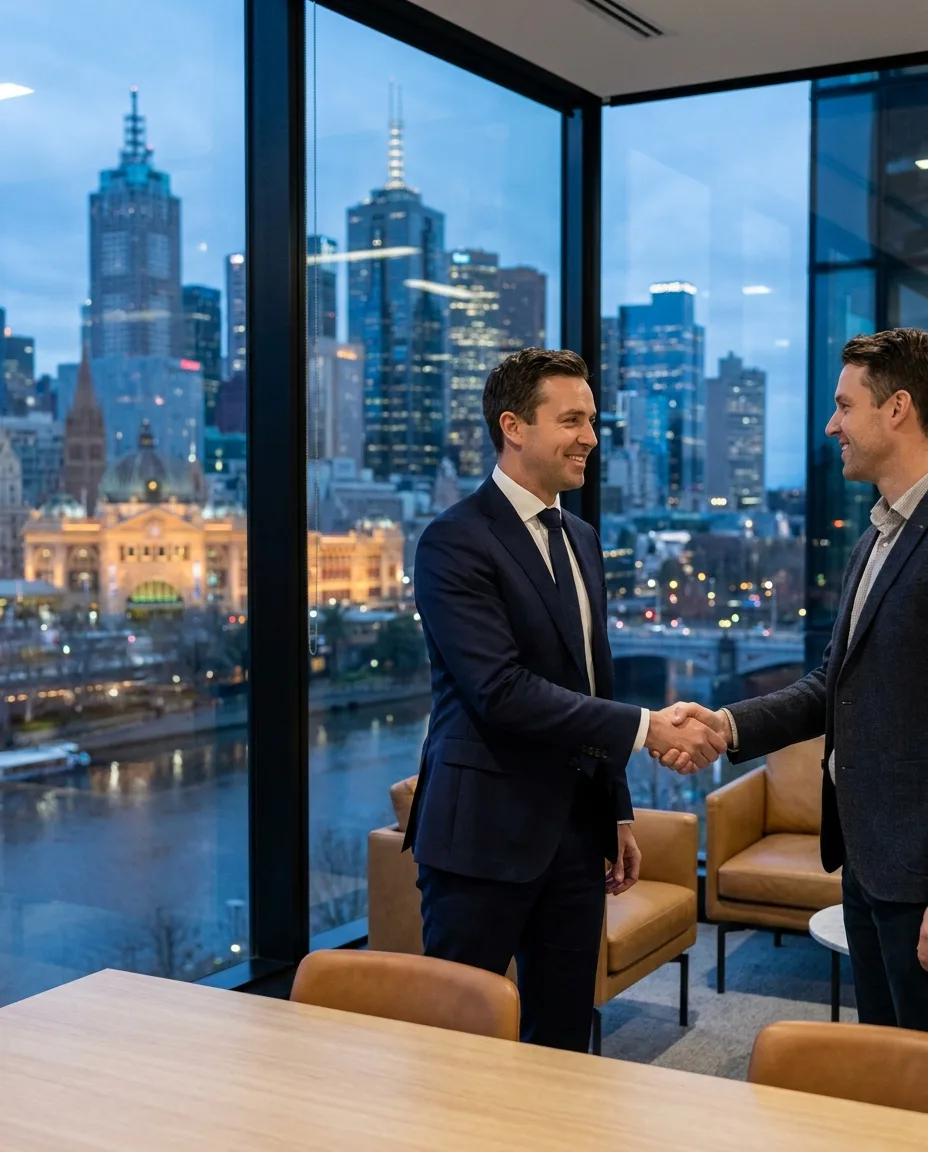 Two lawyers shaking hands above the city at dusk (concept)