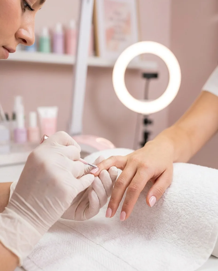 A nail tech painting nails under a ring light (concept)