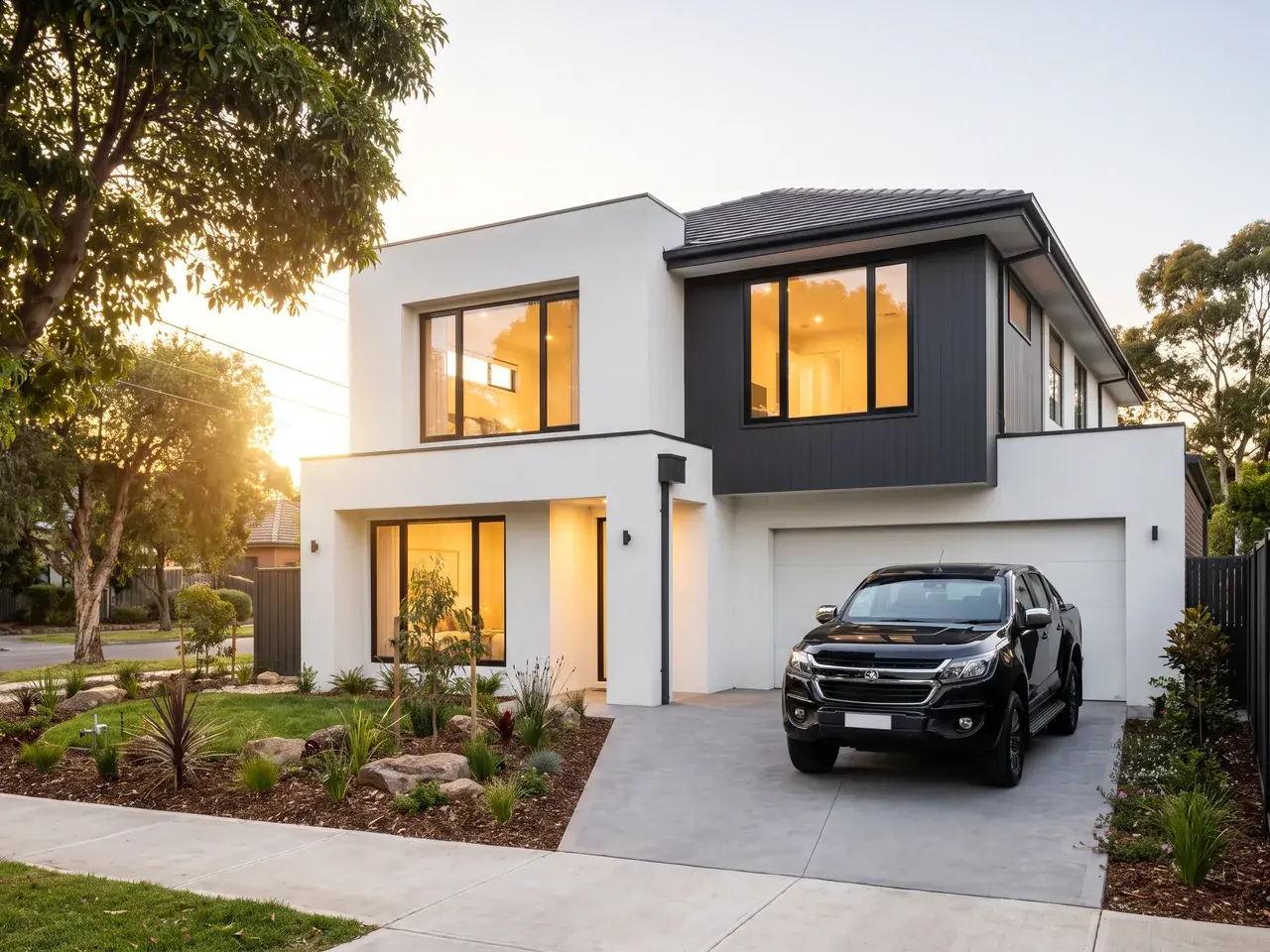 A big new two-storey home at golden hour with a new black ute in the drive (concept)