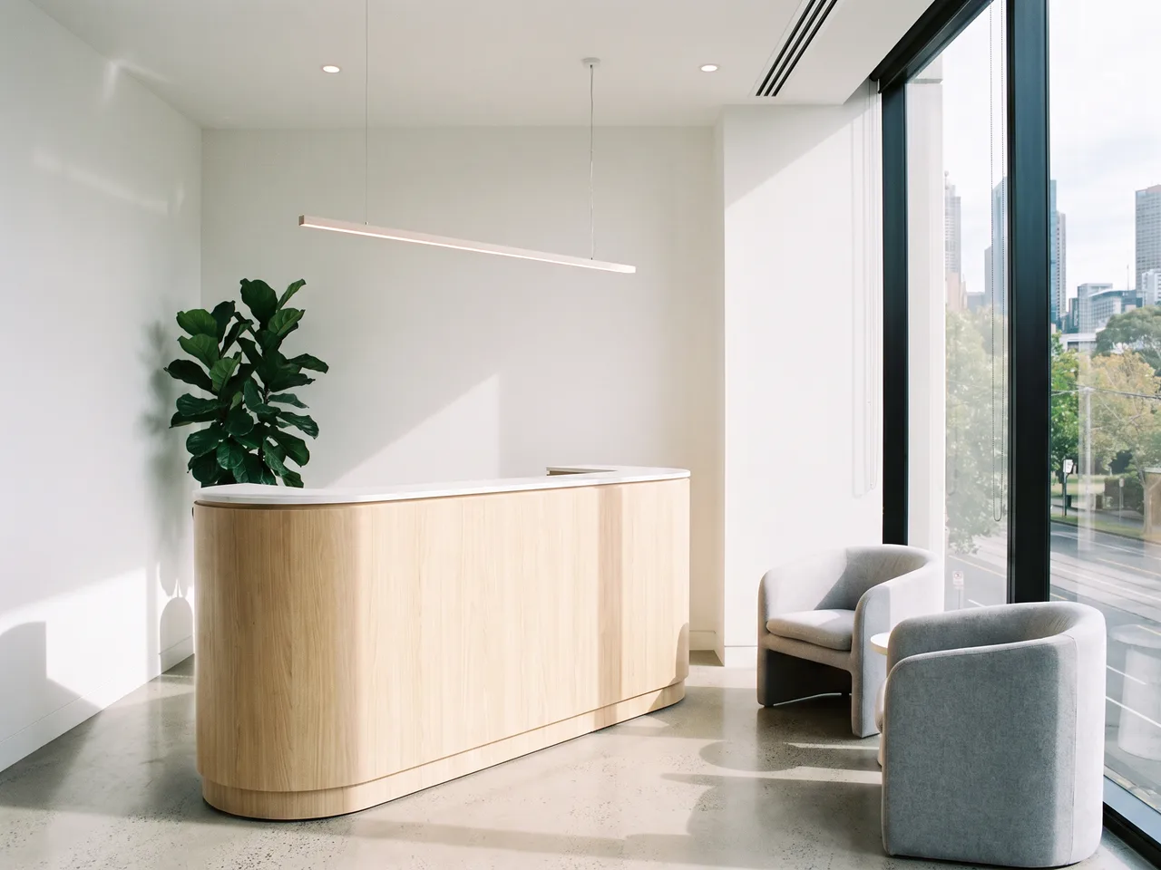 A bright modern clinic reception with a pale oak desk and morning light (concept)