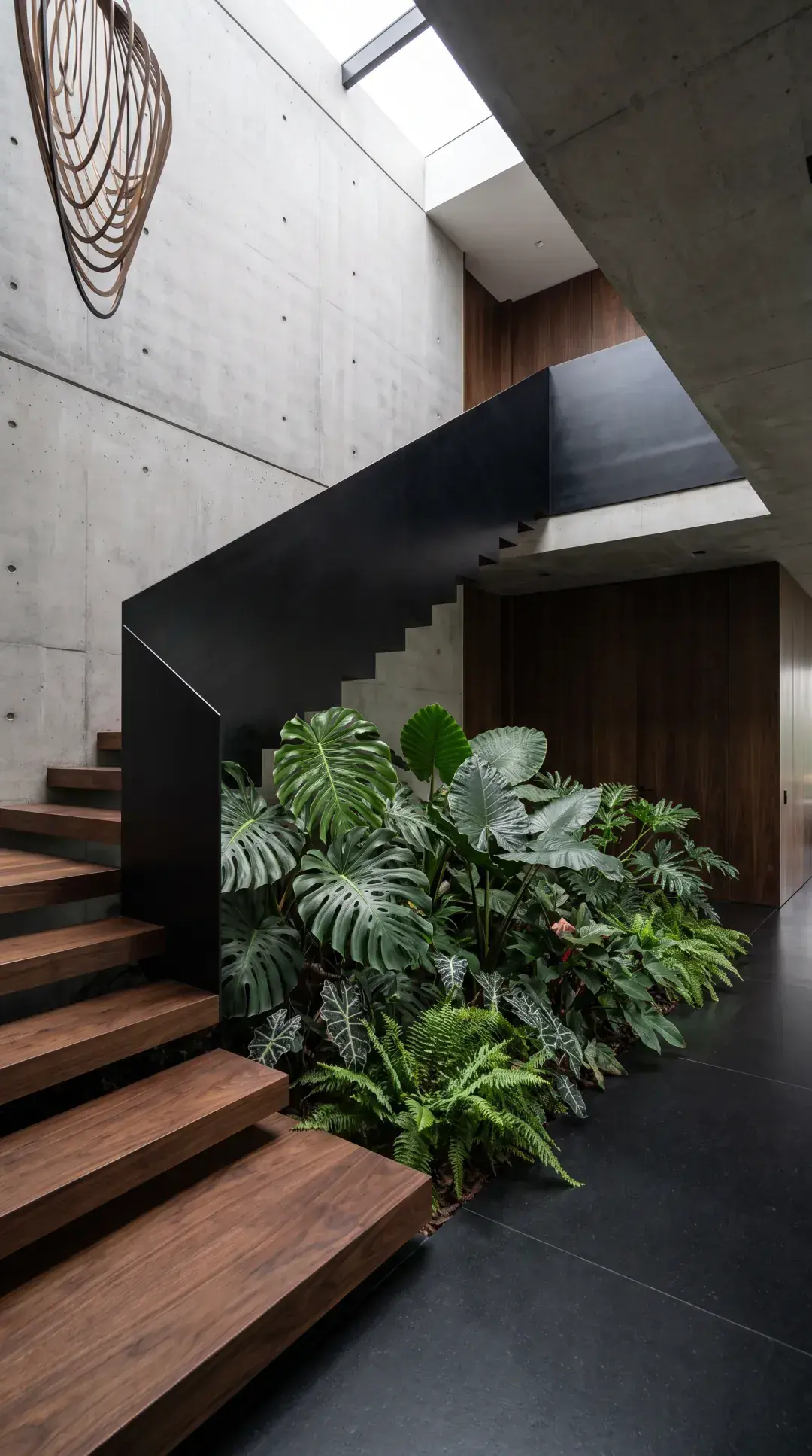 A calm interior staircase in warm light