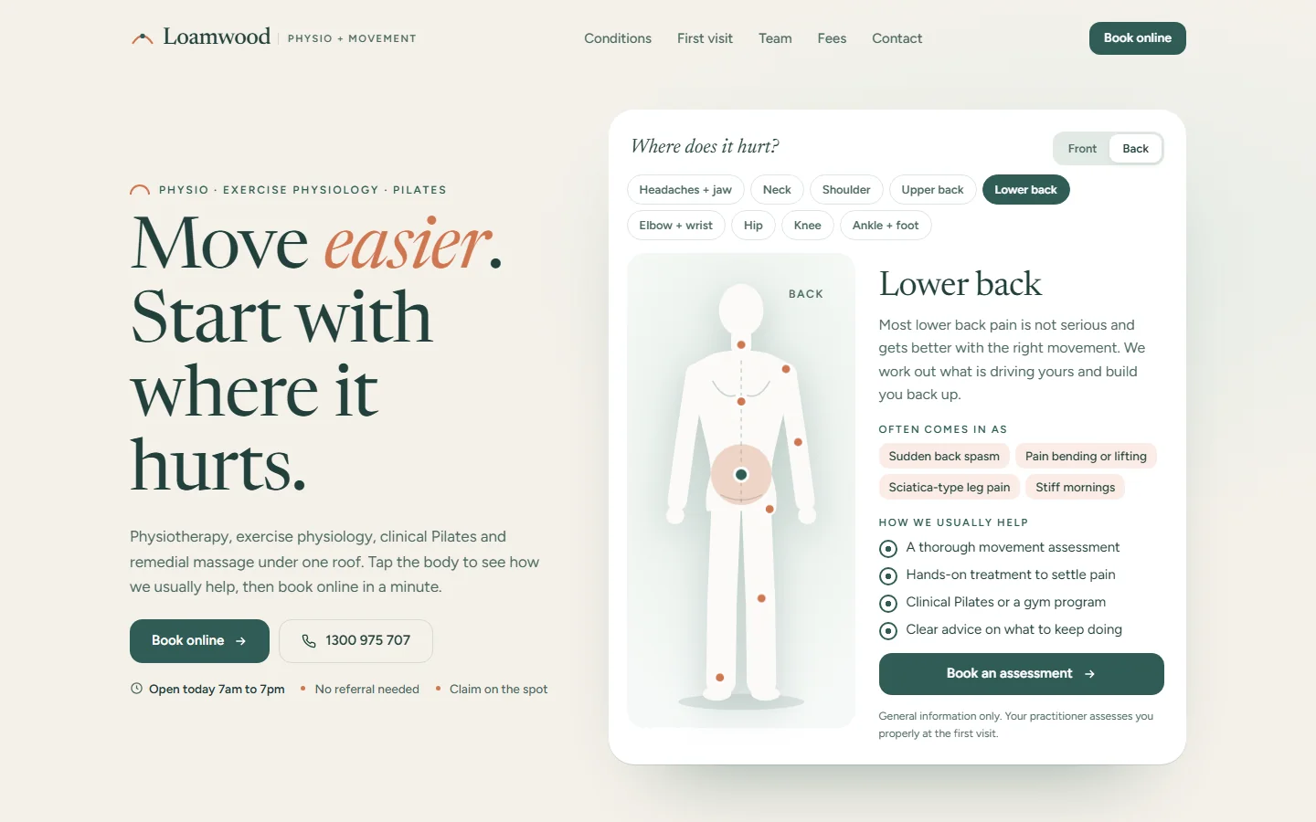 Homepage of a concept physiotherapy clinic website